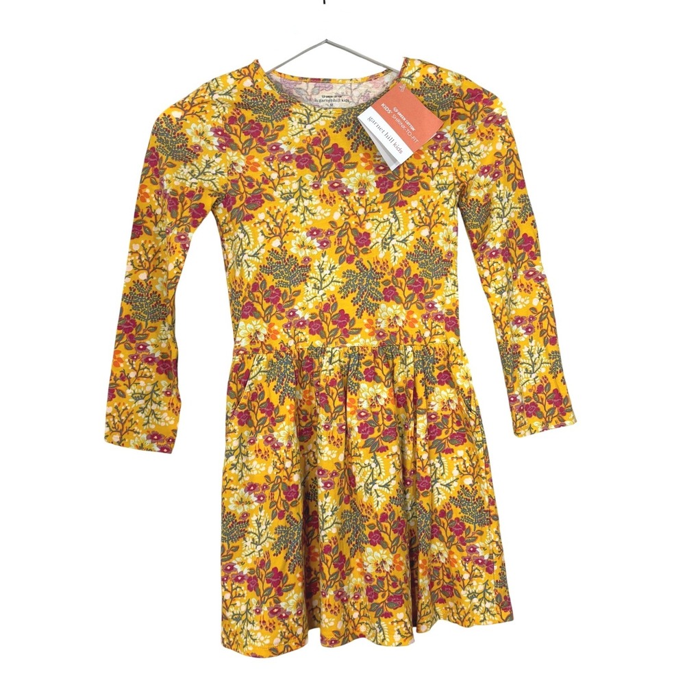 Garnet Hill Kids Green Cotton Yellow Floral Long Sleeve Pocket Dress Size M NWT